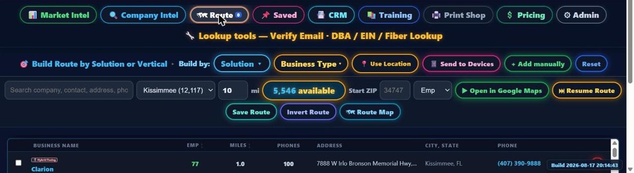 Route builder with 5,546 available prospects and Google Maps export