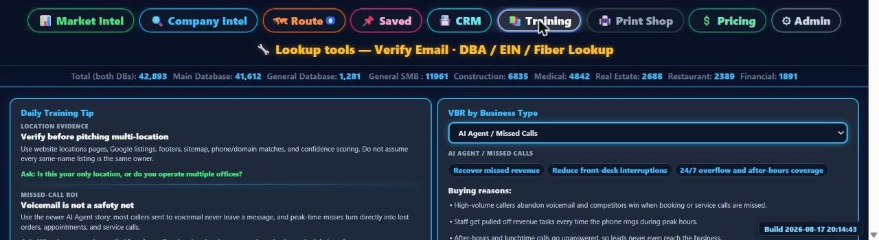 Training tab with daily tips and value-based reasons by business type