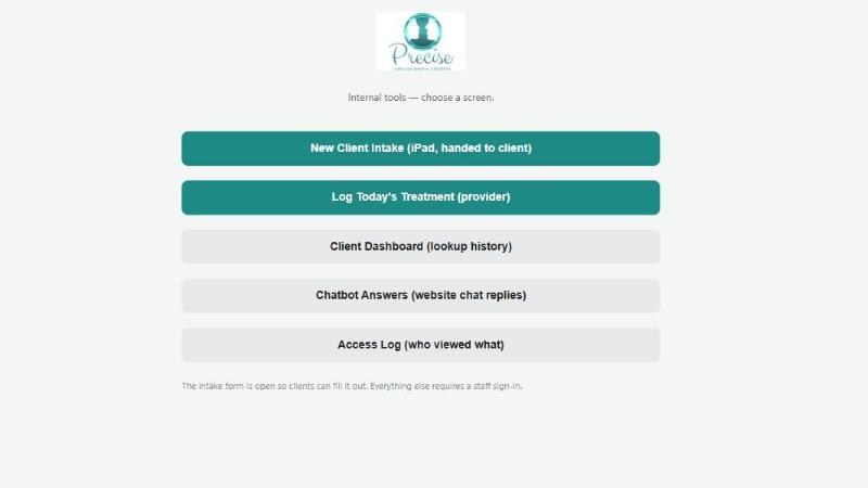 Internal CRM menu: iPad intake, treatment logging, client dashboard, chatbot answers, access log